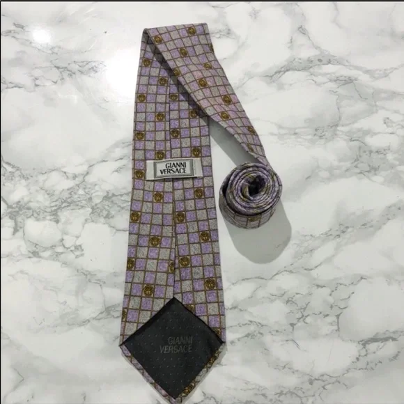 Versace Purple Grey Checkered Medusa Print Tie EUC - Picture 4 of 6